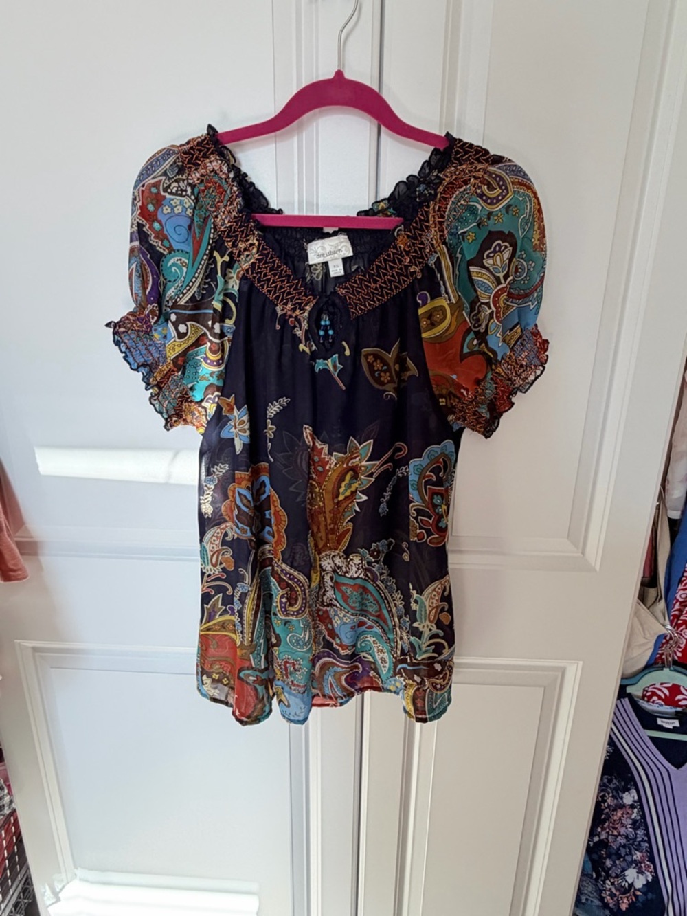 dressbarn Black Paisley Off-Shoulder Blouse with Teal & Rust Accents